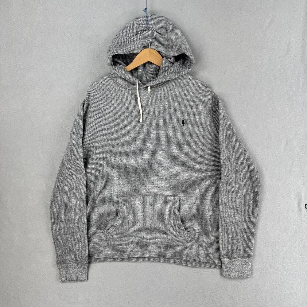 Polo Ralph Lauren Hoodie Mens 2XL Gray Waffle Knit Cotton Sweatshirt Pullover